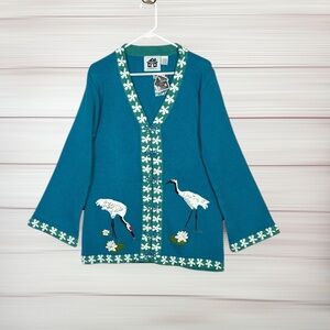 NWT Storybook Knits Blue Cardigan Sweater V-neck with Crane Birds Cotton Blend L
